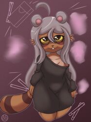  2023 anthro ass big_butt big_eyes cigar cigar_smoke cigarette clothing digital_drawing_(artwork) digital_media_(artwork) female hair hi_res linyxart long_hair long_shirt looking_at_viewer mammal procyonid raccoon shaded simple_background smile smoke smooky solo 