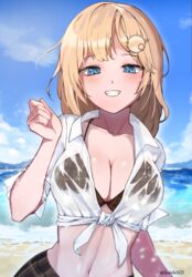  absurdres bad_id bad_pixiv_id beach bikini blonde_hair blue_eyes blush bob_cut breasts brown_bikini brown_skirt cleavage clenched_hand cloud collarbone collared_shirt day dress_shirt female grin hair_ornament highres hololive hololive_english iver_(reviolet) large_breasts long_sleeves looking_at_viewer medium_hair navel ocean open_clothes open_shirt outdoors plaid plaid_bikini plaid_skirt see-through shirt skirt sky sleeves_pushed_up smile solo stomach swimsuit tied_shirt twitter_username upper_body virtual_youtuber water watson_amelia wet wet_clothes white_shirt wing_collar 