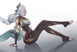  absurdres bare_shoulders blue_eyes blue_hair bodysuit brown_gloves brown_legwear chinese_clothes closed_mouth elbow_gloves feet female full_body genshin_impact gloves hair_ornament hair_over_one_eye highres looking_at_viewer neprbq on_floor partially_fingerless_gloves reflection shenhe_(genshin_impact) simple_background sitting soles solo toeless_legwear toes white_background 