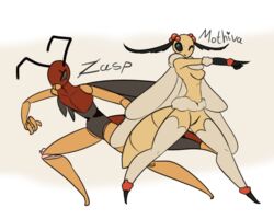  3_fingers 5:4 5_fingers action_pose antennae_(anatomy) anthro arthropod arthropod_abdomen biped breasts brown_body bug_fables digital_media_(artwork) duo female fingers fluffy grey_eyes humanoid hymenopteran insect_wings insects latiar leg_tuft legband lepidopteran male mandibles moonsprout_games moth moth_antennae mothiva_(bug_fables) multicolored_body neck_tuft non-mammal_breasts one_eye_closed pose scar simple_background smile standing stinger stripes teal_eyes text tuft waist_tuft wasp white_background wings yellow_body zasp_(bug_fables) 