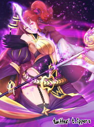  anna_(fire_emblem) armpits asymmetrical_legwear bare_shoulders belt braid breasts cleavage collar commentary curvy detached_sleeves dress english_commentary feather_trim female fire_emblem fire_emblem_heroes garter_belt gloves glowing glowing_eye hair_ornament hat holding holding_staff illusion ippers large_breasts licking_lips light_particles light_smile lips loki_(fire_emblem) long_hair looking_at_viewer magic pink_belt ponytail purple_eyes purple_hair red_eyes red_hair short_hair simple_background solo staff thighhighs thighs tongue tongue_out 