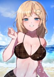  absurdres bad_id bad_pixiv_id beach bikini blonde_hair blue_eyes blush bob_cut breasts brown_bikini brown_skirt cleavage clenched_hand cloud collarbone day female grin hair_ornament highres hololive hololive_english iver_(reviolet) large_breasts looking_at_viewer medium_hair navel ocean outdoors plaid plaid_bikini plaid_skirt skirt sky smile solo stomach swimsuit twitter_username upper_body virtual_youtuber water watson_amelia 