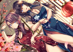  2girls :d azur_lane black_hair blue_dress blue_eyes bracelet braid branch breasts brown_hair china_dress chinese_clothes cleavage commentary_request curacoa_(azur_lane) curacoa_(eastern_grace)_(azur_lane) curlew_(azur_lane) curlew_(rhythm_of_the_dragon_empery)_(azur_lane) dress dutch_angle flower hair_between_eyes hair_ornament highres jewelry lantern large_breasts locked_arms long_sleeves looking_at_viewer monety multiple_girls official_alternate_costume official_art oil-paper_umbrella open_mouth paper_lantern red_dress short_sleeves side_slit sleeveless sleeveless_dress smile thighs umbrella watermark 