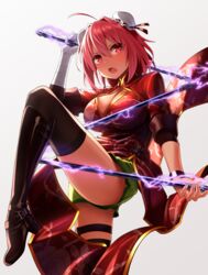  adapted_costume ahoge bandaged_arm bandages black_footwear black_thighhighs boots breasts bun_cover devil_may_cry_(series) devil_may_cry_5 double_bun dress female green_shorts greenkohgen hair_bun hair_intakes highres holding holding_weapon ibaraki_kasen king_cerberus_(weapon) knee_boots large_breasts looking_at_viewer medium_hair pink_eyes pink_hair red_dress shorts simple_background solo thigh_boots thigh_strap thighhighs three_section_staff touhou weapon white_background 