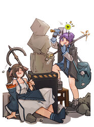  2girls :p absurdres animal_ears arknights bag black_jacket black_necktie blue_footwear blue_gloves blue_jacket blue_shirt blue_skirt bow closed_eyes commentary_request demon_horns dress fox_ears gameplay_mechanics gloves hair_bun hairbow hammer hibiscus_(arknights) highres holding holding_hammer holding_staff horns jacket jumbowhopper knee_up korean_commentary looking_at_viewer mixed-language_commentary multiple_girls necktie off_shoulder one_eye_closed open_clothes open_jacket open_mouth orirock_(arknights) perfumer_(arknights) pleated_skirt ponytail purple_hair rock sculpting shirt shoulder_bag sidelocks simple_background single_hair_bun sitting skirt staff stool tongue tongue_out white_background white_dress 