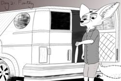  anthro bat_(object) bottomwear canid canine chest_tuft clothing disney eyebrows fennec_fox finnick_(zootopia) fox fur growth hi_res inner_ear_fluff j_shute male mammal medium_truck shorts solo tall truck_(vehicle) true_fox tuft van vehicle zootopia 