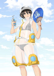  baseball_cap bikini black_bikini black_hair commentary day drinking_straw female fujisawa_takashi hand_fan hat highres holding hot original outdoors ponytail see-through sky sleeveless solo sweat swimsuit 