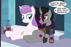  2021 aged_up alcohol alley alternative_fashion arthropod badumsquish beer beer_bottle beverage black_eyeliner black_hair bottle changeling clothing container crystal_empire curved_horn dour_(oc) duo emo equid equine eye_contact eyeliner fan_character female flurry_heart_(mlp) friendship_is_magic hair hasbro heart_symbol hi_res highlights_(coloring) horn jacket lipstick looking_at_another makeup male mammal metalocalypse multicolored_hair my_little_pony mythological_creature mythological_equine mythology prattle_(oc) purple_hair red_eyes sitting topwear two_tone_hair unicorn 