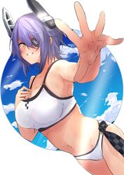  absurdres bikini blush breasts checkered cloud collarbone eyepatch female grin hand_on_own_chest highres kantai_collection large_breasts looking_at_viewer make_maketan navel official_alternate_costume purple_hair sky smile solo swimsuit tenryuu_(kancolle) tenryuu_(swimsuit_mode)_(kancolle) white_bikini yellow_eyes 