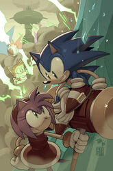  2boys absurdres amy_rose artist_name blue_eyes collaboration comic_cover commentary cover_image digimin dress english_commentary female furry furry_female furry_male gloves green_eyes grin hammer highres holding holding_hammer holding_weapon looking_at_another multiple_boys official_art outdoors red_dress signature smile sonic_(series) sonic_the_hedgehog sonic_the_hedgehog_(idw) tails_(sonic) teeth thomas_rothlisberger watermark weapon white_gloves 