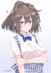  alternate_costume apron blue_apron blue_bow blue_bowtie bow bowtie breasts brown_hair commentary_request female gingham gingham_apron grey_eyes kantai_collection kobeya kobeya_uniform long_hair messy_hair mikage_takashi partial_commentary plaid plaid_apron pleated_shirt sheffield_(kancolle) small_breasts solo upper_body waitress 