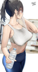  bare_shoulders black_hair blue_pants blurry blurry_background bottle breasts brown_eyes crop_top female high_ponytail highres holding holding_bottle holding_towel large_breasts midriff navel oekakizuki open_mouth original pants sidelocks solo sports_bra standing sweat toned towel water white_sports_bra wiping_sweat yoga_pants 