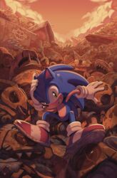  1boy absurdres arm_up clenched_teeth comic_cover commentary cover_image digimin english_commentary full_body furry furry_male gloves green_eyes hand_on_own_head highres junk looking_at_viewer male_focus mechanical_arms official_art orange_sky outdoors rust shoes sitting sky solo sonic_(series) sonic_the_hedgehog sonic_the_hedgehog_(idw) sunset teeth white_gloves 