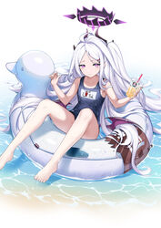  2r-_(pixiv8168114) absurdres ahoge bare_arms bare_legs bare_shoulders barefoot blue_archive blush cup demon_horns disposable_cup drinking_straw female hair_ornament hairclip halo highres hina_(blue_archive) hina_(swimsuit)_(blue_archive) holding holding_cup horns innertube juri_(blue_archive) long_hair looking_at_viewer multiple_horns one-piece_swimsuit parted_bangs purple_eyes school_swimsuit solo swim_ring swimsuit very_long_hair wet whistle whistle_around_neck white_hair wings 