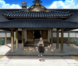  1other 4boys cloud cloudy_sky day fox glasses hakama hakama_skirt horikawa_kunihiro houhou_(black_lack) izumi-no-kami_kanesada japanese_clothes katsugeki/touken_ranbu kimono konnosuke kuronosuke multiple_boys other_focus outdoors peeking_out saniwa_(katsugeki/touken_ranbu) saniwa_(touken_ranbu) skirt sky touken_ranbu tsurumaru_kuninaga white_hair yagen_toushirou 