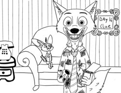  anthro blue&#039;s_clues canid canine chair disney duo electronics fennec_fox finnick_(zootopia) fox front_view furniture hi_res inside j_shute male mammal monochrome necktie nick_wilde nickelodeon notebook pawpads phone picture_frame red_fox true_fox zootopia 