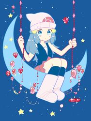  bare_shoulders beanie black_shirt black_socks blue_eyes blue_hair blush_stickers boots dawn_(pokemon) female gem hair_ornament hairclip hat highres moon night night_sky on_crescent pink_footwear pink_skirt poke_ball_symbol pokemon pokemon_dppt sheyona shirt sidelocks sitting skirt sky socks solo sparkle star_(sky) star_(symbol) starry_sky swing twitter_username white_hat 