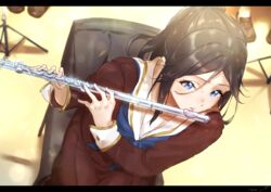  black_hair blue_eyes blue_neckerchief blush brown_footwear brown_shirt brown_skirt chair female flute from_above hair_between_eyes hands_up hibike!_euphonium highres holding holding_flute holding_instrument instrument kasaki_nozomi kitauji_high_school_uniform kuziaaizuk letterboxed liz_to_aoi_tori loafers long_hair long_sleeves music music_stand neckerchief parted_bangs parted_lips playing_flute playing_instrument pleated_skirt ponytail sailor_collar school_uniform serafuku shirt shoes sitting skirt sweatdrop white_sailor_collar 