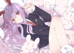  animal_ears blazer crescent crescent_pin female hair_between_eyes heart heart_print highres inaba_mob_(touhou) jacket light_purple_hair long_hair long_sleeves looking_at_viewer loveyuzu lying necktie on_back on_bed pleated_skirt rabbit rabbit_ears red_eyes red_necktie reisen_udongein_inaba shirt skirt smile socks solo touhou white_shirt 