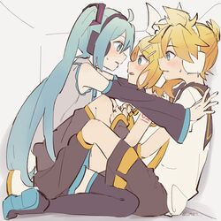  1boy 2girls bare_shoulders bisexual_female blonde_hair blue_eyes blue_hair blush box boy_and_girl_sandwich commentary detached_sleeves eye_contact hair_ornament hair_ribbon hairclip hatsune_miku headphones highres in_box in_container kabedon kagamine_len kagamine_rin long_hair looking_at_another love_triangle m0ti multiple_girls ribbon sailor_collar sandwiched short_hair shorts shoulder_tattoo siblings stuck_in_a_box tattoo thighhighs twins twintails very_long_hair vocaloid white_ribbon 