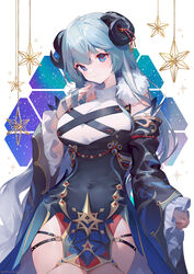  ainy blue_eyes blue_hair blush chinese_clothes closed_mouth clothing_request detached_sleeves dress female hand_in_own_hair highres horns light_blue_hair long_hair long_sleeves original sheep_girl sheep_horns sky smile solo star_(sky) star_(symbol) starry_sky white_background 