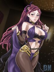  alternate_costume bad_id bad_twitter_id bare_shoulders belt blush bodystocking braid breasts cape circlet cleavage collar cosplay curvy dancer dmnalex dorothea_arnault dorothea_arnault_(cosplay) dorothea_arnault_(plegian) dorothea_arnault_(plegian)_(cosplay) female fire_emblem fire_emblem_heroes hair_ornament holding jewelry large_breasts lips loki_(fire_emblem) long_hair looking_at_viewer midriff nail_polish navel open_mouth pantyhose pelvic_curtain purple_eyes purple_hair purple_nails revealing_clothes simple_background smile solo thighs 