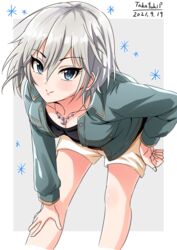  2021 absurdres anastasia_(idolmaster) bare_legs bent_over black_shirt blue_eyes border breasts cleavage closed_mouth collarbone dated female grey_background grey_hair grey_jacket hair_between_eyes hand_on_own_hip hand_on_own_knee highres idolmaster idolmaster_cinderella_girls jacket jewelry long_sleeves necklace open_clothes open_jacket shiny_skin shirt short_hair short_shorts shorts smile solo straight_hair takatsuki_p white_border white_shorts wing_collar 