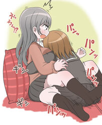  2girls between_breasts black_serafuku blush breasts broken_heart brown_hair commentary dry_humping face_between_breasts head_between_breasts heart highres hug humping long_hair long_sleeves mejikara_scene motion_lines multiple_girls original photoshop_(medium) pillow sailor_collar school_uniform serafuku short_hair skirt socks translated trembling yuri 