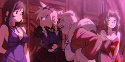  2boys 2girls aerith_gainsborough aerith_gainsborough_(red_dress) averting_eyes black_hair blonde_hair bow braid breasts brown_hair cleavage cloud_strife cloud_strife_(blue_dress) coat commentary_request crescent crescent_earrings crossdressing don_corneo dress earrings facial_hair fat fat_man final_fantasy final_fantasy_vii final_fantasy_vii_remake flower fur-trimmed_coat fur_trim green_eyes hair_flower hair_ornament hairbow head_tattoo highres jewelry juliet_sleeves large_breasts long_hair long_sleeves medium_breasts medium_hair moustache multiple_boys multiple_girls nanpou_(nanpou0021) neck_ribbon necklace official_alternate_costume puffy_short_sleeves puffy_sleeves purple_dress red_coat red_eyes ribbon short_hair short_sleeves signature skirt spiked_hair strapless strapless_dress sweatdrop tattoo tifa_lockhart tifa_lockhart_(refined_dress) tongue tongue_out twin_braids 