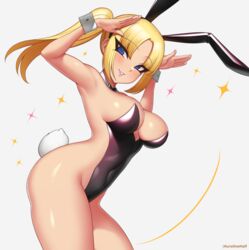  animal_ears armpits arms_up artist_name black_hairband blonde_hair blush breasts closed_mouth commission covered_navel cowboy_shot detached_collar fake_animal_ears fake_tail female hairband kuroonehalf large_breasts leotard long_hair looking_at_viewer original parted_bangs parted_lips playboy_bunny ponytail rabbit_ears rabbit_pose rabbit_tail sideless_leotard sideless_outfit simple_background smile solo strapless strapless_leotard tail thighs white_background wrist_cuffs 