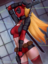  arm_up belt black_mask black_shirt black_shorts blonde_hair brown_belt cowboy_shot dual_wielding dutch_angle female genderswap_(mtf) gun handgun highres holding holding_gun holding_weapon lady_deadpool long_hair marvel pouch red_mask red_shirt red_shorts red_thighhighs rule_63 shirt shorts solo themaestronoob thighhighs wanda_wilson weapon weapon_on_back web_address white_eyes 