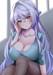  adjusting_eyewear alternate_costume bespectacled blue_shirt blush braid braided_bun breasts brown_pantyhose cleavage closed_mouth commentary_request cone_hair_bun feet_out_of_frame female glasses hair_bun hair_intakes highres islandz kohaku_yuri large_breasts long_hair looking_at_viewer medium_bangs multicolored_hair nanashi_inc. pantyhose purple_hair rimless_eyewear round_eyewear shirt sidelocks smile solo square_neckline streaked_hair teardrop_earrings two-tone_hair very_long_hair virtual_youtuber white_hair yellow_eyes 