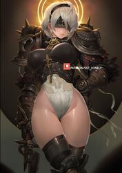  2b_(nier:automata) adapted_costume adepta_sororitas alternate_breast_size armor ass_visible_through_thighs black_blindfold black_corset black_footwear black_thighhighs blindfold boobplate boots breasts commentary corset covered_eyes crossover english_commentary feather-trimmed_sleeves female gauntlets halo hand_up holding holding_sword holding_weapon impossible_clothes knee_pads large_breasts leotard lips narrow_waist nier:automata nier_(series) no_mole paid_reward_available patreon_username pauldrons sgt_lonely short_hair shoulder_armor solo spikes sword thigh_gap thighhighs thighhighs_under_boots thighs warhammer_40k watermark weapon white_hair white_leotard 