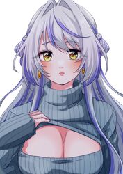  blush braid braided_bun breasts cleavage_cutout clothes_lift clothing_cutout commentary_request cone_hair_bun expressionless female grey_sweater hair_bun hair_intakes highres islandz kohaku_yuri large_breasts lips long_hair looking_at_viewer medium_bangs multicolored_hair nanashi_inc. open_mouth purple_hair sidelocks simple_background solo streaked_hair sweater sweater_lift teardrop_earrings turtleneck turtleneck_sweater two-tone_hair upper_body virtual_youtuber white_background white_hair yellow_eyes 