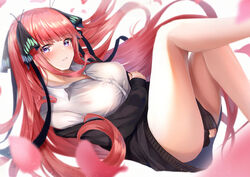  black_ribbon black_sweater blue_eyes blush breasts butterfly_hair_ornament clothes_pull collared_shirt commentary_request female floating floating_hair go-toubun_no_hanayome hair_ornament hair_ribbon hair_spread_out long_hair looking_to_the_side medium_breasts nakano_nino off_shoulder petals pink_hair ribbon shirt solo sweater sweater_pull v-shaped_eyebrows very_long_hair white_background white_shirt yk_(pixiv43531291) 