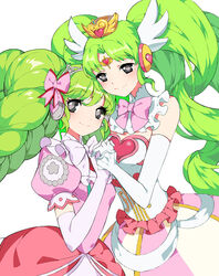  2girls bow breasts commentary_request crown detached_collar dress drill_hair elbow_gloves falulu falulu_(awakened) forehead_jewel gloves green_hair grey_eyes half-closed_eyes headphones heart holding_hands long_hair looking_at_viewer multiple_girls muse_(rainforest) parted_bangs pink_bow pink_dress pretty_series pripara puffy_short_sleeves puffy_sleeves short_sleeves sidelocks simple_background sleeveless sleeveless_dress small_breasts smile tiara time_paradox twin_drills twintails white_background white_bow white_dress white_gloves wing_hair_ornament 