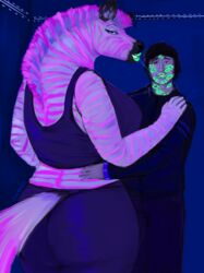  anthro ass big_breasts big_butt blacklight bodily_fluids breasts doctordj dominant dominant_female duo equid equine female glowing hi_res huge_breasts human kiss_mark kissing larger_anthro larger_female lipstick makeup male male/female mammal saliva saliva_string size_difference smaller_human smaller_male stripes zebra 