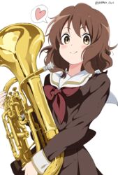  absurdres artist_name bad_id bad_pixiv_id blush brown_eyes brown_hair brown_shirt brown_skirt closed_mouth euphonium female heart hibike!_euphonium highres holding holding_instrument instrument kitauji_high_school_uniform long_sleeves looking_at_viewer neckerchief oumae_kumiko pleated_skirt red_neckerchief sailor_collar school_uniform serafuku shirt short_hair signature simple_background skirt smile solo speech_bubble standing white_background white_gorilla_(okamoto) white_sailor_collar 