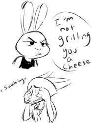  3:4 angst anthro betrayal bodily_fluids canid canine clothed clothing covering covering_eyes covering_face crying crying_sound_effect dialogue disney duo english_text fox fur hi_res humor judy_hopps lagomorph leporid mammal mean monochrome nick_wilde onomatopoeia rabbit red_fox simple_background sobbing sound_effects source_request speech_bubble tears text true_fox unknown_artist white_background zootopia 