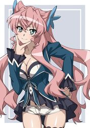  bad_id bad_pixiv_id blue_jacket bra breasts cleavage closed_mouth cone_hair_bun cowboy_shot female green_eyes hair_between_eyes hair_bun highres jacket long_hair long_sleeves maria_cadenzavna_eve medium_breasts micro_shorts pink_hair senki_zesshou_symphogear shiny_skin shorts smile solo standing underwear v_over_mouth very_long_hair white_bra white_shorts yukitsuba_hina 