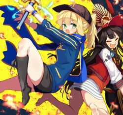  2girls ahoge artoria_pendragon_(fate) ass back bad_id bad_pixiv_id barefoot baseball_cap black_hair black_headwear black_panties black_shorts blue_jacket blue_scarf blush breasts buster_shirt closed_eyes embers fate/grand_order fate_(series) feet green_eyes guitar hair_through_headwear hat headphones headphones_around_neck himitsucalibur_(fate) holding holding_sword holding_weapon instrument jacket kodamari legs letterman_jacket long_hair long_sleeves looking_at_viewer medium_breasts miniskirt multiple_girls mysterious_heroine_x_(fate) oda_nobunaga_(fate) oda_nobunaga_(swimsuit_berserker)_(fate) oda_nobunaga_(swimsuit_berserker)_(first_ascension)_(fate) open_clothes open_jacket open_mouth oversized_object panties red_shirt rojiura_satsuki:_chapter_heroine_sanctuary scarf shirt shorts skirt small_breasts smile sword toes track_jacket underwear weapon white_skirt yellow_background 