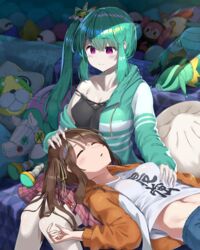  2girls bare_shoulders black_tank_top blue_shorts blush breasts brown_hair charlotte_(madoka_magica) cleavage closed_eyes closed_mouth collarbone dual_persona green_hair green_jacket hair_between_eyes hair_ornament hair_ribbon hand_on_another&#039;s_chest hand_on_another&#039;s_head highres jacket lap_pillow long_hair long_sleeves looking_at_another magia_record:_mahou_shoujo_madoka_magica_gaiden mahou_shoujo_madoka_magica multiple_girls navel noeru open_mouth orange_jacket purple_eyes red_skirt ribbon scanline_hair selfcest shirt shorts side_ponytail sidelocks sitting skirt sleeping smile spoilers striped_clothes striped_skirt stuffed_animal stuffed_toy tank_top uwasa_no_tsuruno white_shirt yui_tsuruno yuri 