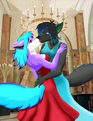  absurd_res anthro blue_clothing blue_dress blue_eyes blue_hair breasts canid canine canis clothed clothing darkdukewolf dress duo eye_contact female female/female fur grey_body grey_fur grey_hair hair hi_res imminent_kiss looking_at_another mammal purple_body purple_fur red_clothing red_dress red_eyes wolf 