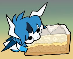  blitzdrachin blue_hair bodily_fluids chibi conditional_dnp cream_(food) dessert dragon eating eating_food food hair hi_res horn mythological_creature mythological_scalie mythology nibbling pastry pie scalie sifyro solo wings 