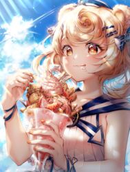  :q absurdres animal_ears arknights bare_shoulders bear_ears blonde_hair blue_bow blush bow closed_mouth cloud collarbone commentary cream curly_hair day eating female fingernails food food_on_face fruit gummy_(arknights) gummy_(summer_flowers)_(arknights) hair_ornament hairbow hairclip highres ice_cream light_rays long_hair looking_at_viewer menna_(0012) nail_polish official_alternate_costume orange_eyes orange_nails outdoors ribbon shirt sleeveless sleeveless_shirt smile solo strawberry sunbeam sundae sunlight tongue tongue_out twintails upper_body white_shirt wrist_ribbon 