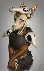  2019 ambiguous_gender animal_skin anthro blush bone brown_eyes clothed clothing digital_media_(artwork) digital_painting_(artwork) dirse_(nukepone) eyelashes female_(lore) front_view fur_clothing grey_background hands_together hi_res kobold lacrimal_caruncle looking_at_viewer midriff portrait pupils scalie shoulder_pads simple_background skull skull_helmet slit_pupils solo standing three-quarter_portrait tribal tribal_clothing tribal_outfit w4g4 