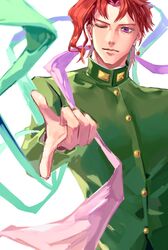  1boy earrings gakuran gradient_scarf green_scarf highres jewelry jojo_no_kimyou_na_bouken kakyoin_noriaki male_focus natapy1 one_eye_closed pink_scarf pointing purple_eyes purple_scarf red_hair scarf school_uniform solo stardust_crusaders stole 