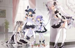  4girls alicorn alternate_costume apron azur_lane broken cheshire_(azur_lane) curtains enmaided flower flower_pot formidable_(azur_lane) high_heels highres indoors kneeling maid maid_apron maid_headdress multiple_girls plant potted_plant rose saru teapot thighhighs unicorn unicorn_(azur_lane) vampire_(azur_lane) window 