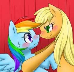  2014 applejack_(mlp) blonde_hair blue_body blush bodily_fluids digital_media_(artwork) duo earth_pony equid equine eyelashes female female/female feral friendship_is_magic green_eyes hair hasbro hashioaryut horse imminent_kiss lidded_eyes looking_at_another mammal multicolored_hair my_little_pony mythological_creature mythological_equine mythology nervous nervous_sweat nose_to_nose orange_body pegasus pony purple_eyes rainbow_dash_(mlp) rainbow_hair smile smirk sweat sweatdrop wing_boner wings 