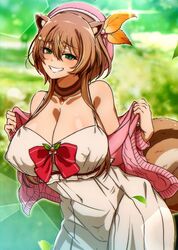  alternate_breast_size animal_ears ayunda_risu ayunda_risu_(1st_costume) beret blush breasts brown_hair choker cleavage covered_navel covered_nipples dress female green_eyes hair_ornament hat highres hololive hololive_indonesia huge_breasts long_hair looking_at_viewer naoillus off_shoulder pink_hat smile solo squirrel_ears squirrel_girl squirrel_tail tail virtual_youtuber 